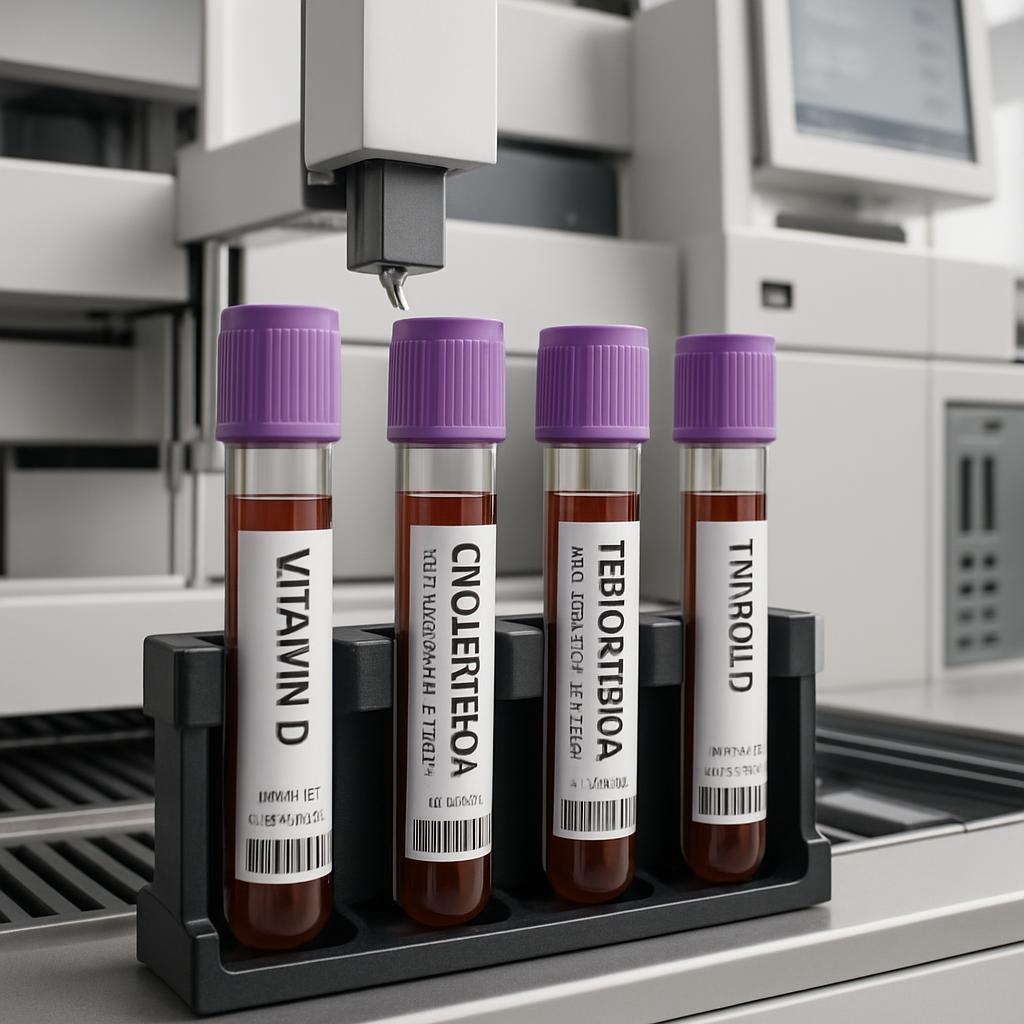 Four test tubes in a lab setting, each labeled with a different brand of multivitamins, sitting in a test tube rack, looki...