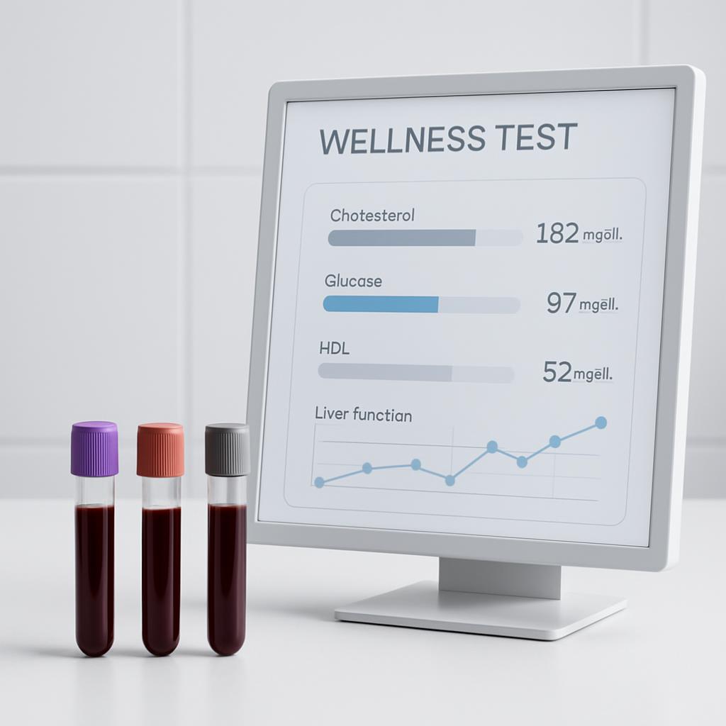 Wellness Test computer screen with blood specimens and graphs.